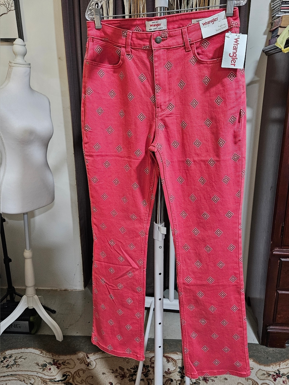 Wrangler Red Diamond Printed High-Rise Bold Bootcut Jeans